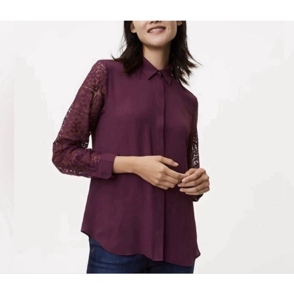 LOFT Plum Lace Sleeve Blouse M